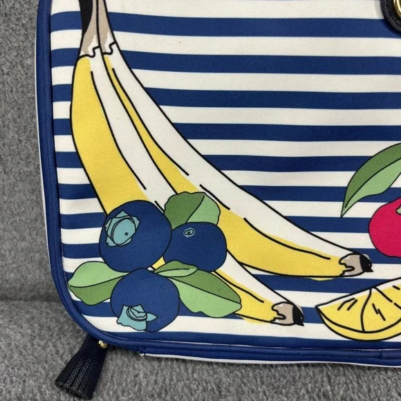 Tory Burch Cosmetic Bag Travel Toiletry Organizer Blue White Stripe Fruit Print - Picture 3 of 16